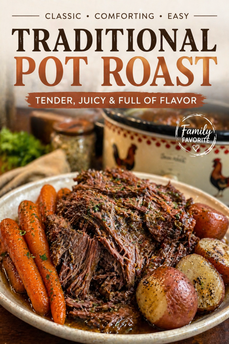 a tender, juicy pot roast, served on a platter with roasted carrots and potatoes