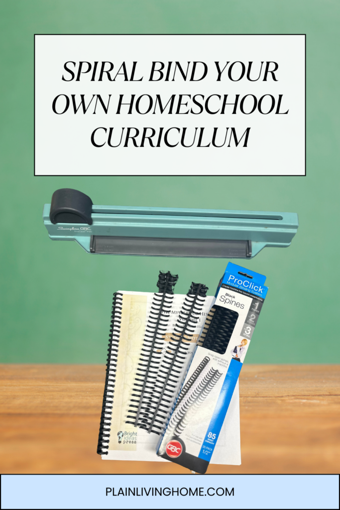 a photo of a binding machine that clicks through to a tutorial on how to bind homeschool curriculum at home