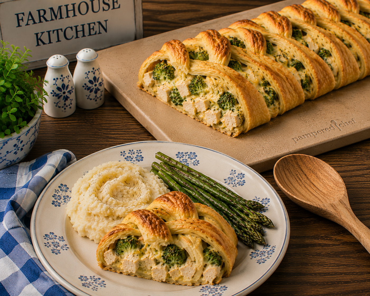 a chicken broccoli braid served on a dinner plate