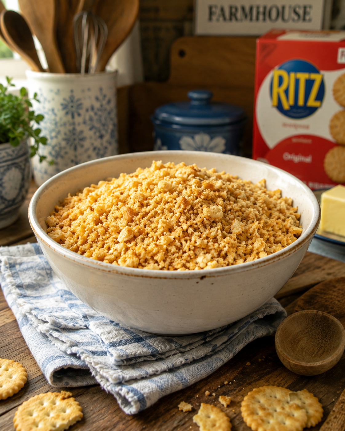 a bowl of golden butter crumb topping for casseroles