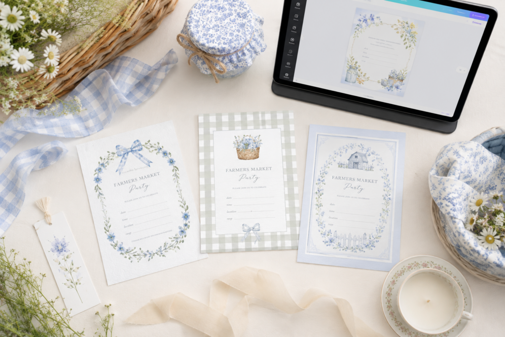 three invitations for a farmers market party laid out on a table beside an iPad with an editing software open on the screen