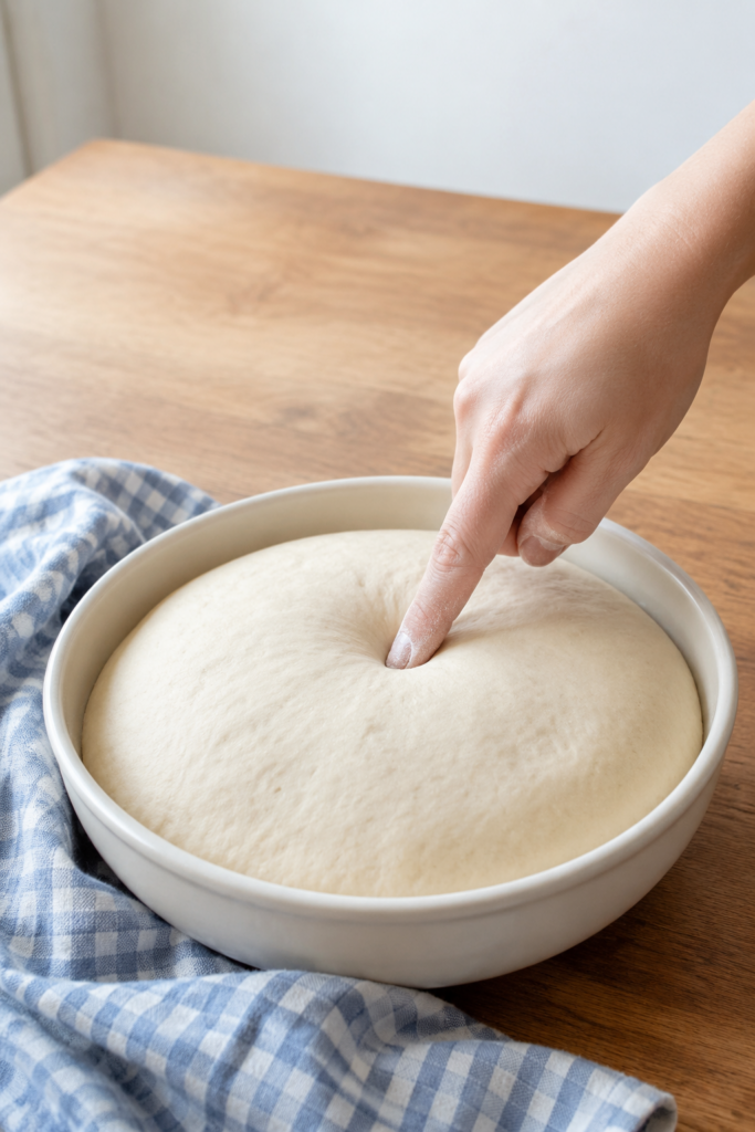 Floured finger testing whether risen bread dough is ready using the poke test