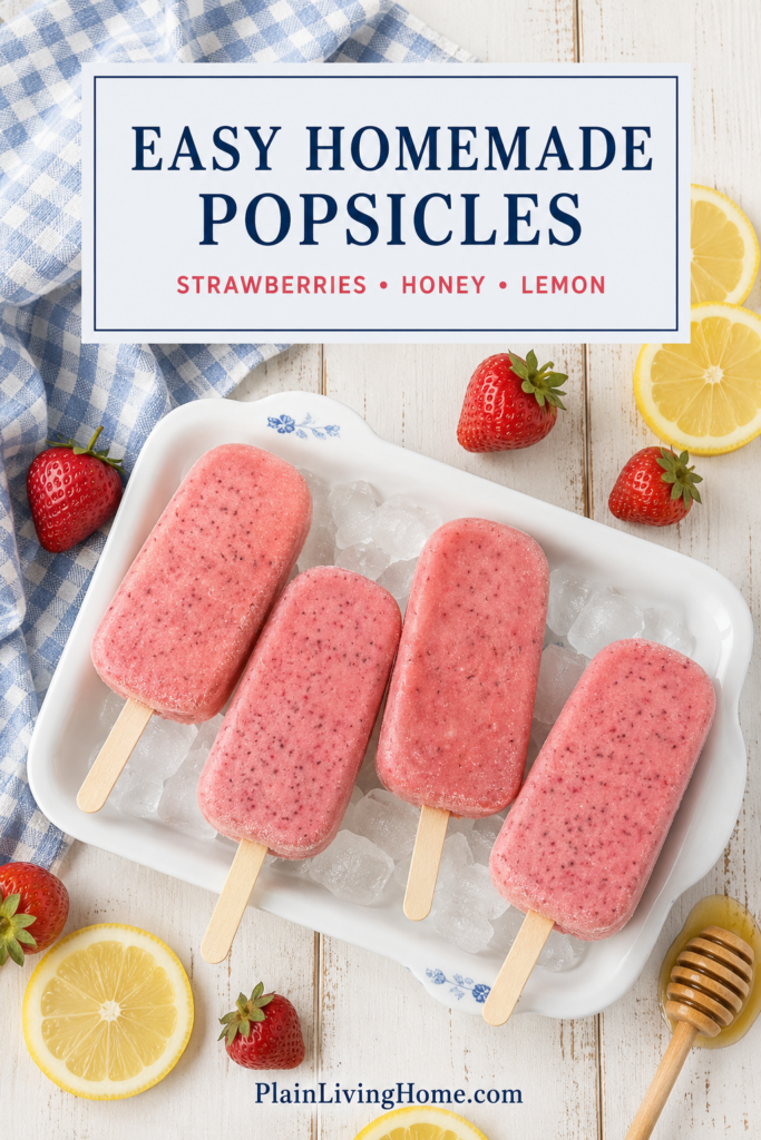 4 strawberry lemon homemade popsicles displayed on ice in a white dish surrounded by the three ingredients to make them