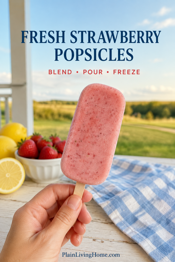 a hand hold one strawberry popsicle up infant of the prairie, with a blue plaid napkin, strawberries, and lemons on the table