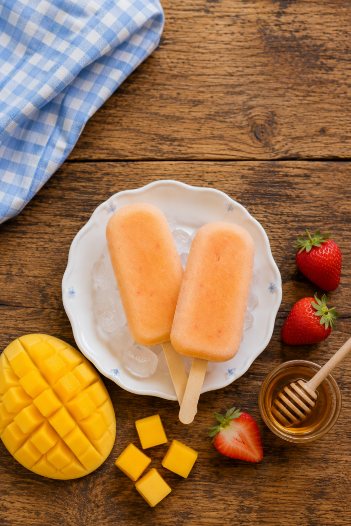 Fresh mango, strawberries, honey, and homemade fruit popsicles on a wooden table.