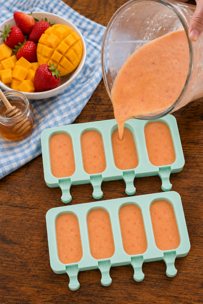 Mango strawberry puree being poured into mint-green popsicle molds with reusable sticks.
