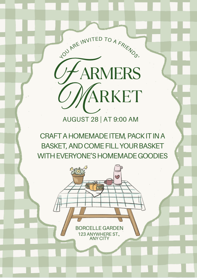 green plaid picnic themed invitation fora. farmers market party
