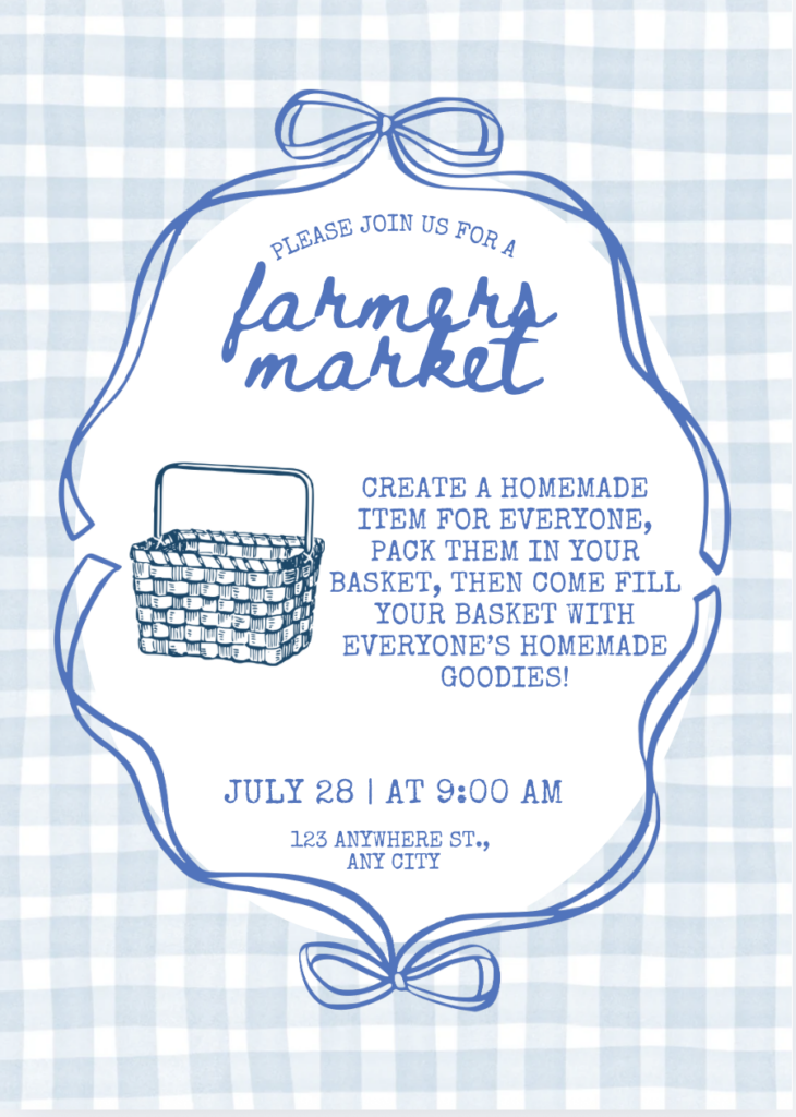 blue plaid and bows on an invitation to a farmers market party