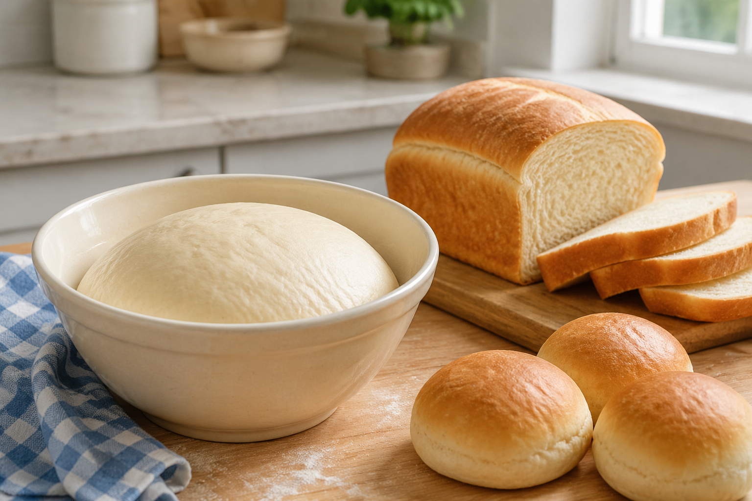 Risen bread dough with homemade sandwich bread and dinner rolls