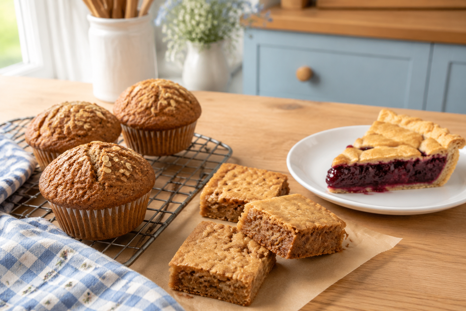 freshly baked muffins, blondies, and a slice of pie