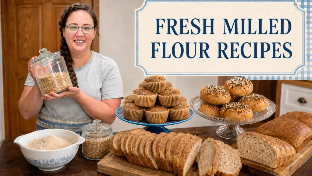 Fresh milled flour recipes including homemade bread, banana muffins, bagels, and freshly ground wheat