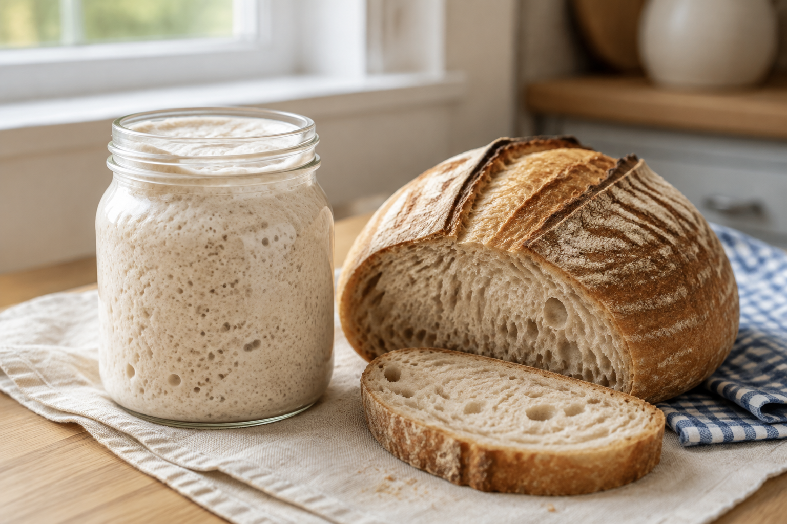 Wheat berries, fresh-milled flour, and homemade bread beside a grain mill